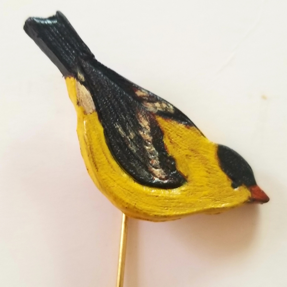 Vintage Artisan L. Mailly Signed Hand Painted Carved Leather Goldfinch Stickpin